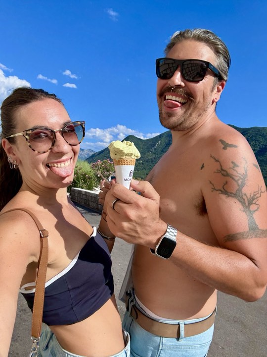 Lou Lou and Dylan holding gelato by the water